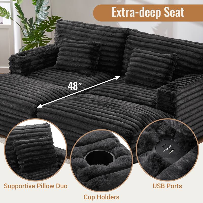 Oversized Double Chaise Lounge Sofa, Living Room 2 Seater Sofa Upholstered Sleeper Sofa Bed Daybed with USB Ports & Cup Holders