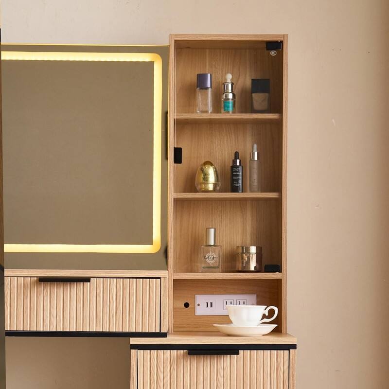 Fluted Makeup Vanity Desk with LED Lights & Outlet, 5 Drawers, 3 Light Modes