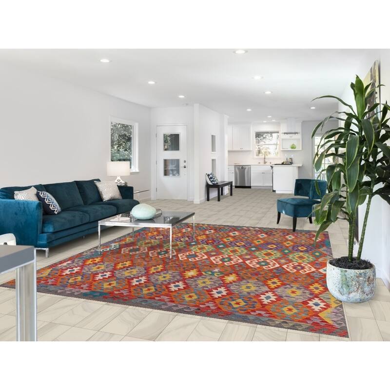 Reversible Orange Kilim Area Rug Flatweave Oriental Wool Carpet - 7'11" x 9'7"