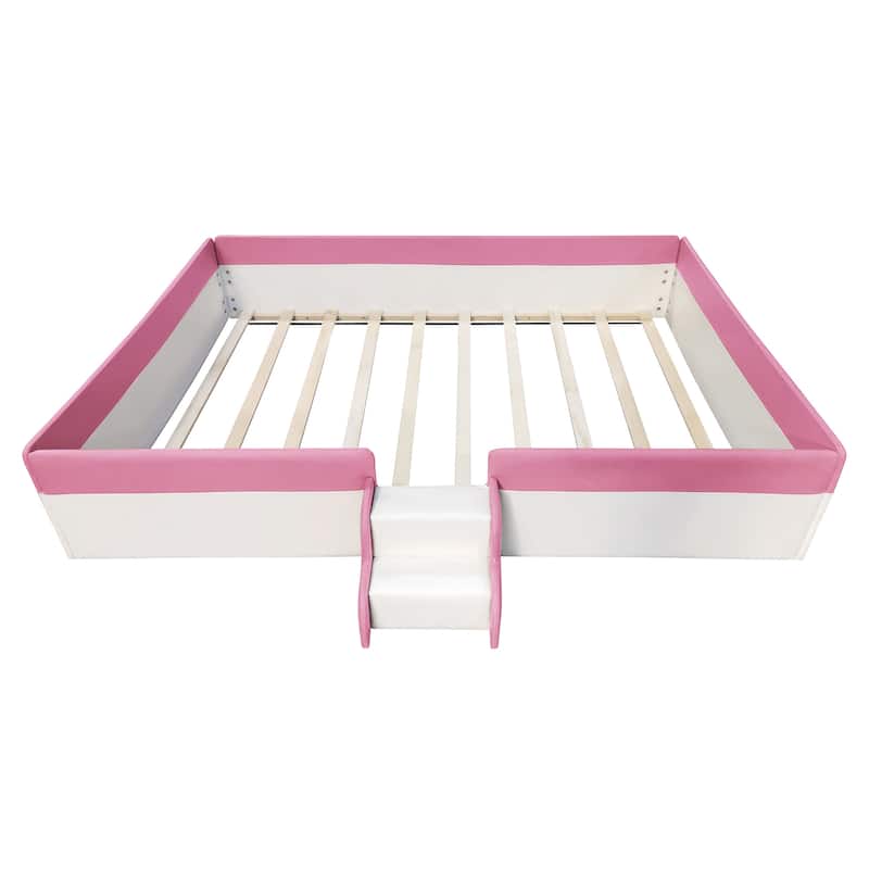 Queen Size Upholstered Daybed Frame with Fence and Stairs - White+Pink