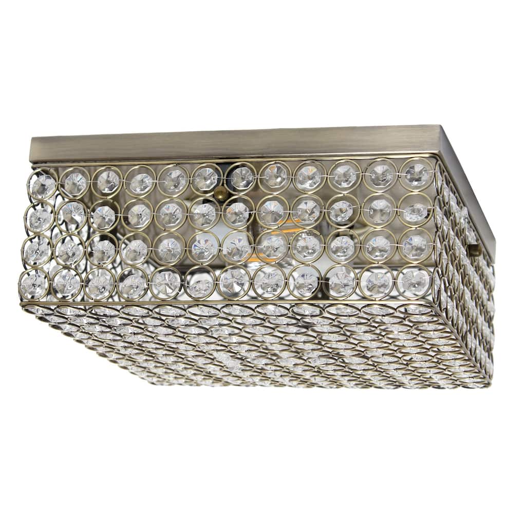 Two Light Decorative Square Crystal Flush Mount Ceiling Light Fixture - 12" - Bronze and Clear