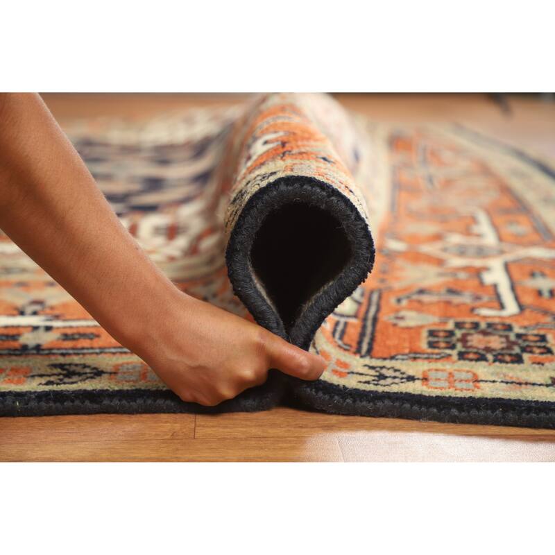 Dark Blue Heriz Serapi Indian Area Rug Hand-Knotted Wool Carpet - 8'11" x 11'11"