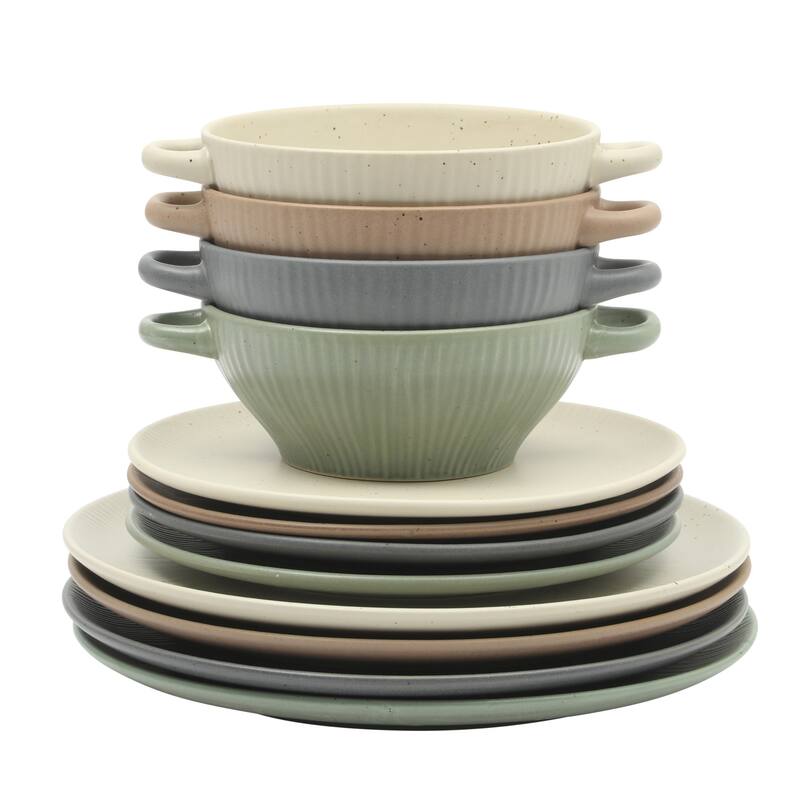 Gibson Elite Clover Hill 12-Piece Stoneware Dinnerware Set - Embossed Reactive Glaze - Service for 4