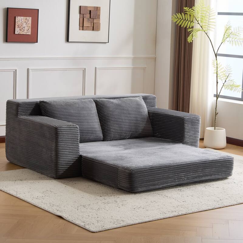 Floor Corduroy Deep Seat Loveseat Sofa with Folding Mattress Convertible Sleeper Sofa Bed with Reversible Cushion and Pillows