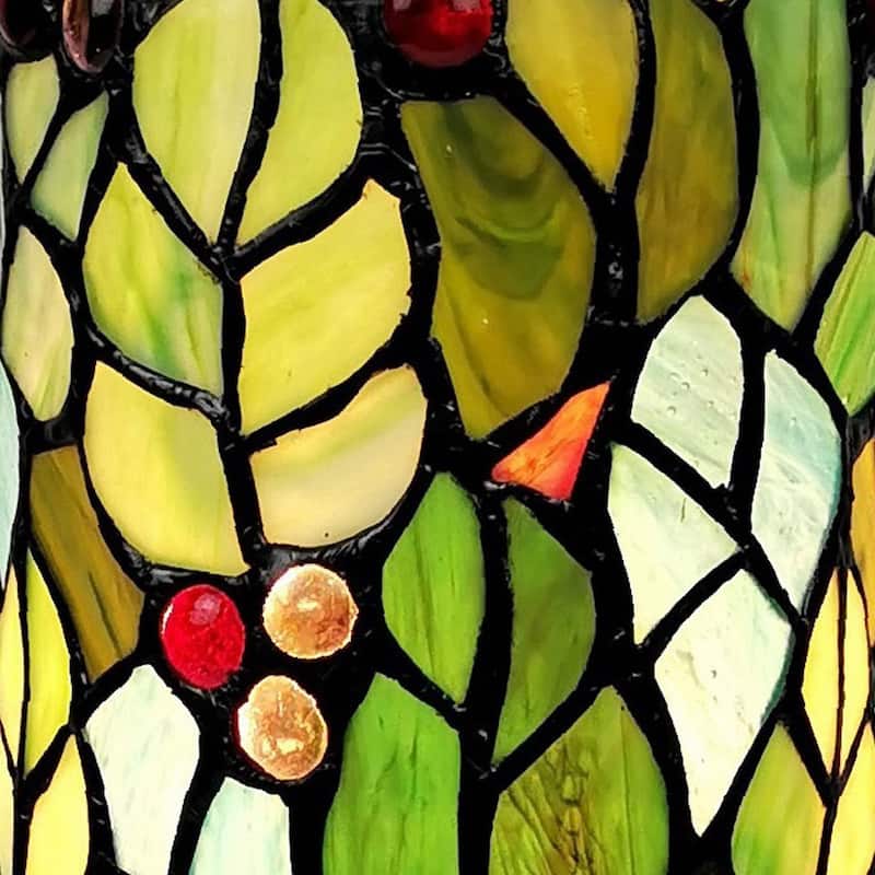 HomeRoots 11" Green and Red Leaves and Berries Stained Glass Accent Lamp - 6