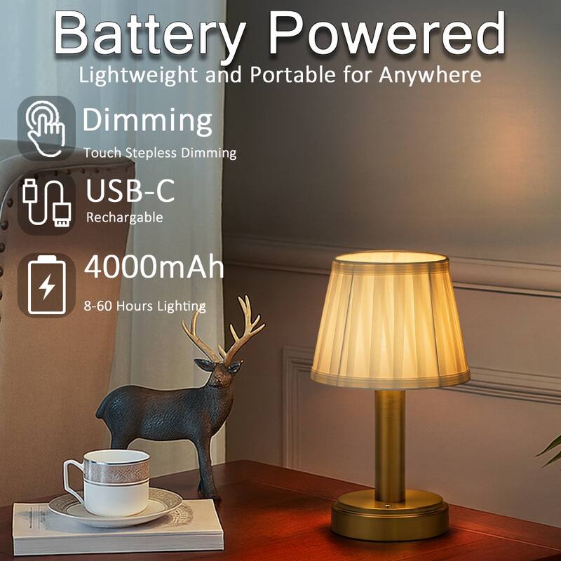 Modern Type-C Rechargeable LED Table Lamp Dimmable Touch Control with Fabric Shade For Bedroom Living Room - W6''