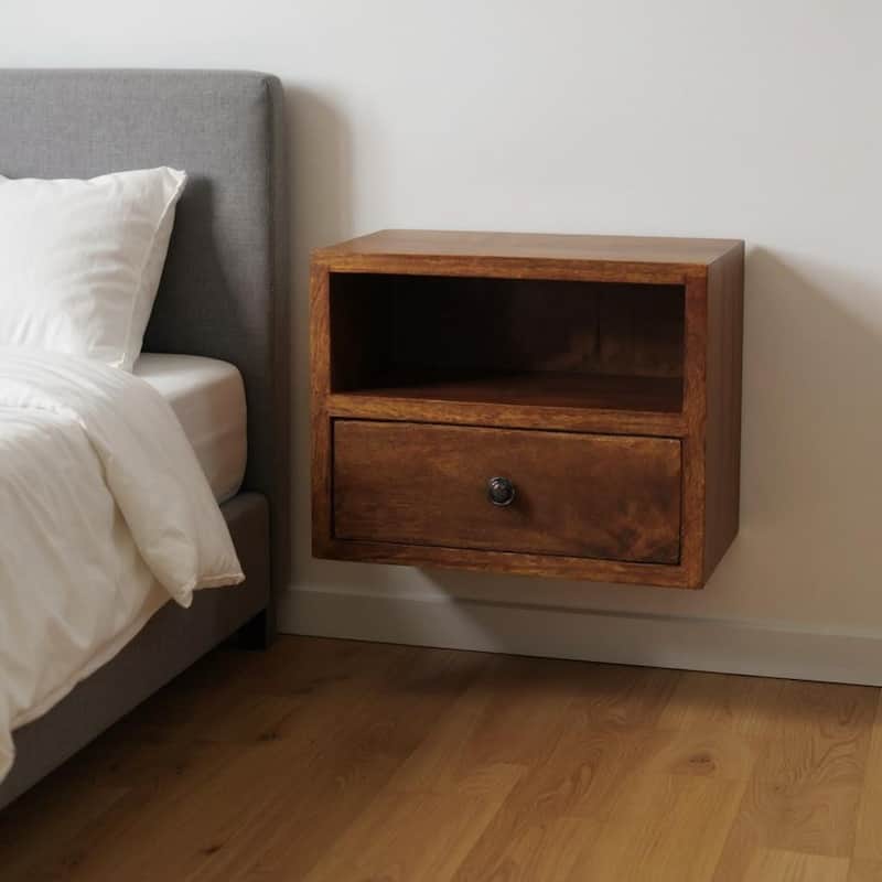 HomeRoots 12" Chestnut Solid Wood Square One Drawer Floating Nightstand - Chestnut - 1-drawer