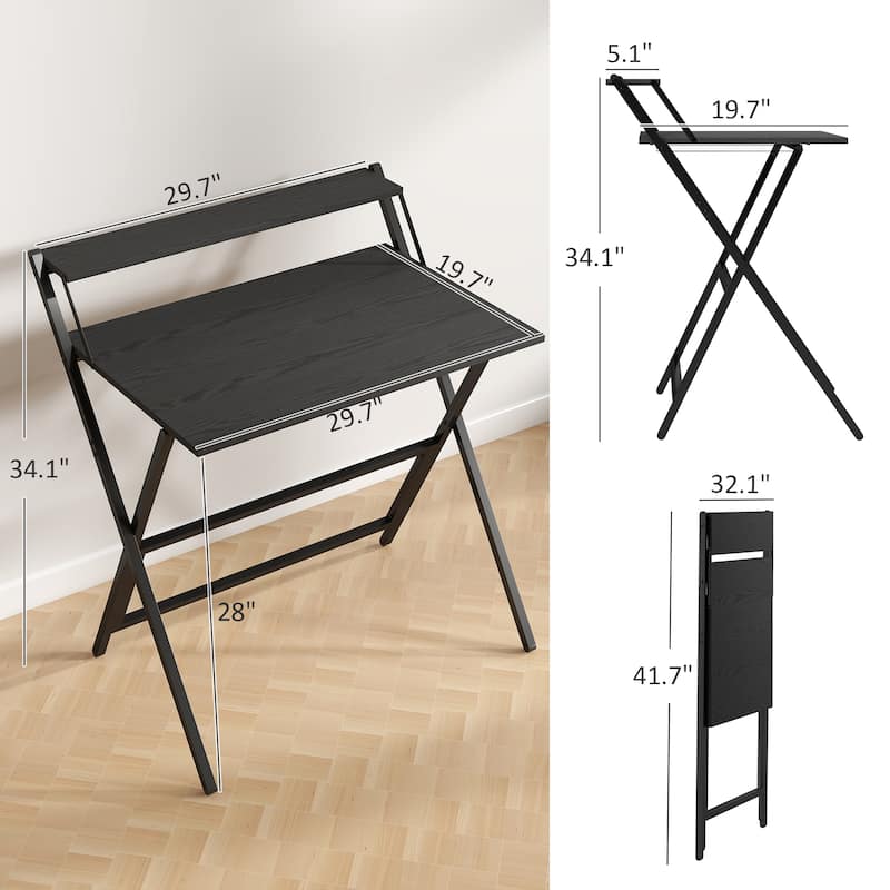 HOMCOM Small Folding Desk, 32 Inch Foldable Computer Desk with Monitor Shelf, Space Saving Portable Writing Table