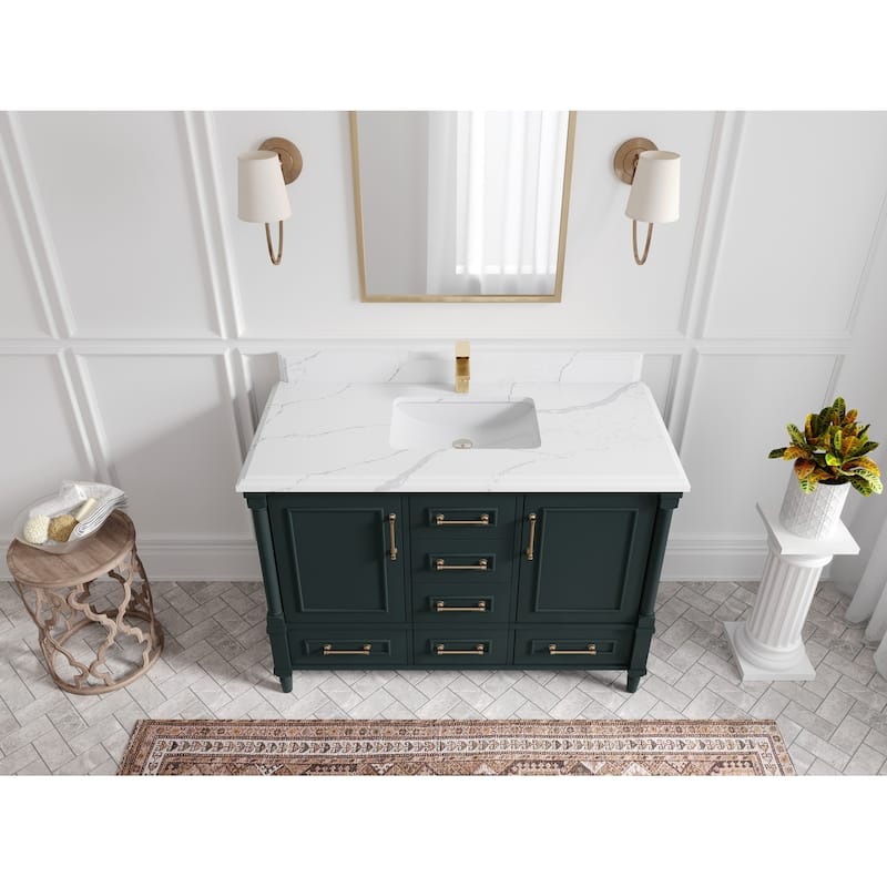 Willow Collections 48 in. W x 22 in. D Aberdeen Single Bowl Sink Bathroom Vanity with Countertop - 1.5" Calacatta Laza - Dark Forest Green