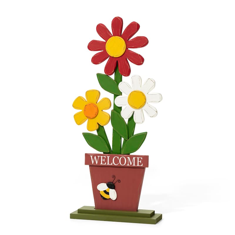 30"H Wooden Three Flowers Welcome Decor Porch Sign by Glitzhome