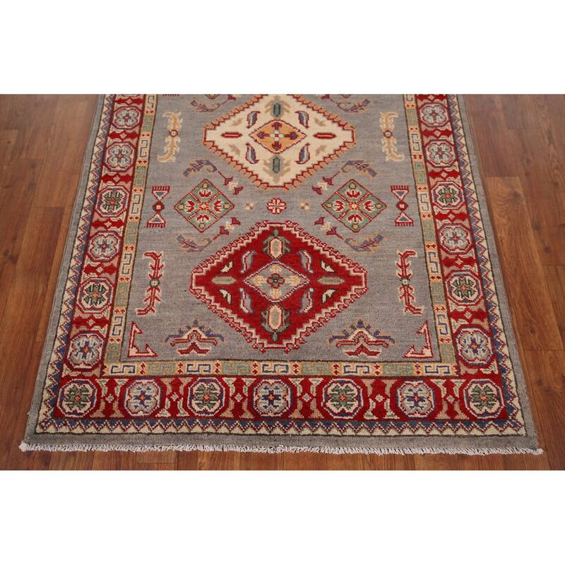 Geometric Kazak Oriental Accent Rug Handmade Entryway Wool Carpet - 3'3" x 4'11"