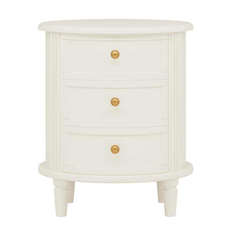 20" Oval Nightstand with 3 Drawers, Beige White