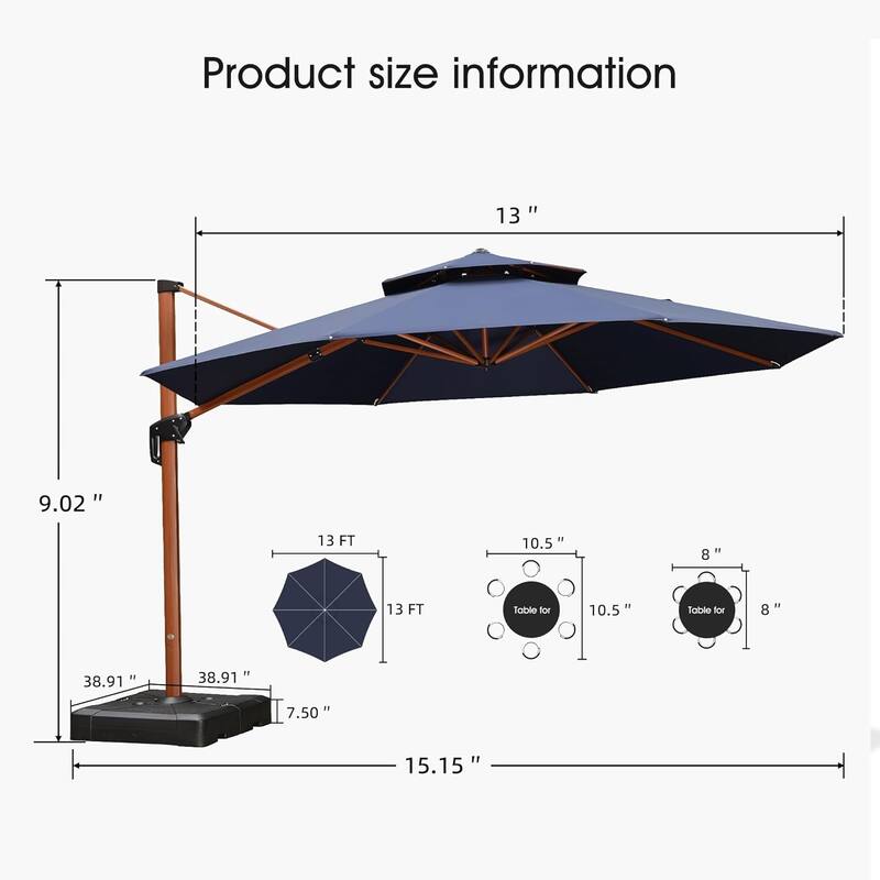 PURPLE LEAF 13ft Round Wood Pattern Patio Cantilever Umbrella with Base