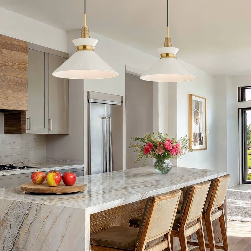 Orbit Bowl Modern Pendant Light - Metal Gold, Ivory White Cone Light Fixture For Modern, Scandinavian, Minimalist Room Decor