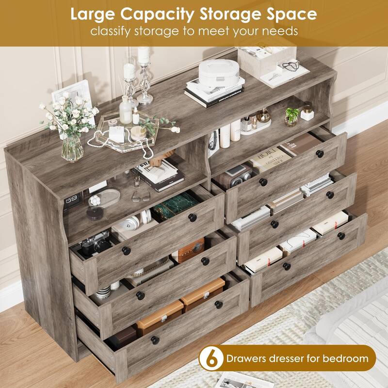 6 Drawer Dresser with RGB LED Lights, Power Outlet & 2 Open Shelves