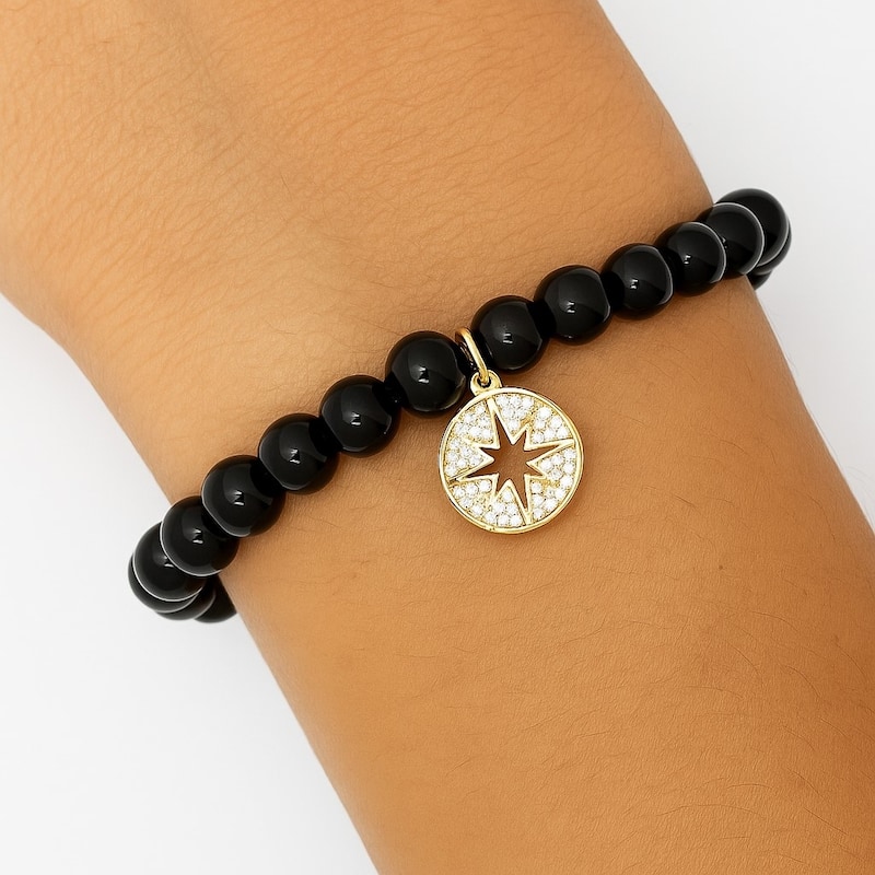 Onyx Beaded Bracelet with Starburst Charm - Black