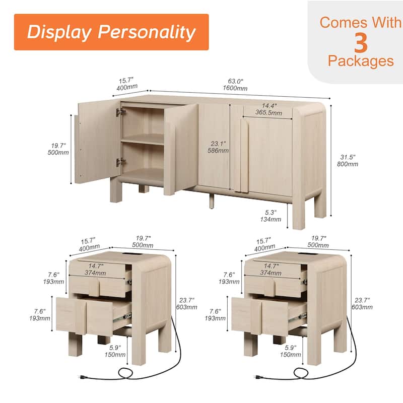 WAMPAT 3 Pcs Bedroom Set,Mid Century Dresser And Nightstand Sets For Bedroom, Night Stand Set Of 2, Modern Dresser