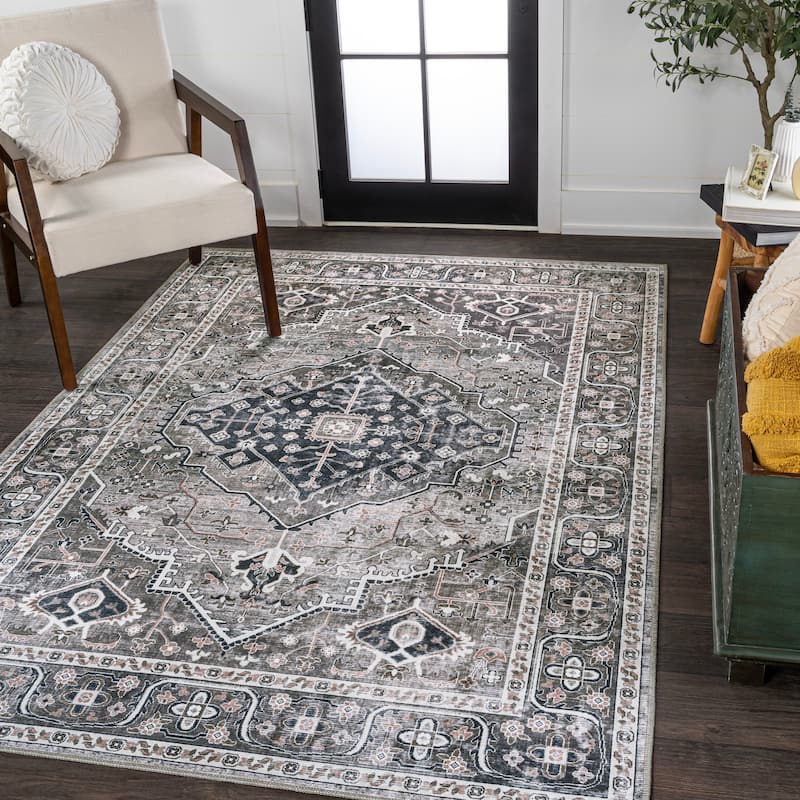 JONATHAN Y Kemer Ogee Medallion Machine Washable Area Rug - 4 X 6 - Dark Gray/Light Gray