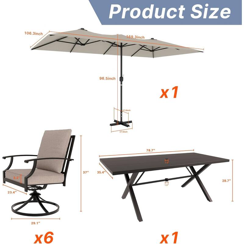 Kullavik 8 Pieces Outdoor Dining Set with 6 Swivel Chairs, X-Leg Table and Double-Sided Umbrella