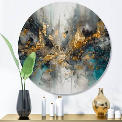 Designart "Grey Gold Modern Abstract Contemporary I" Abstract Marble Metal Round Wall Art