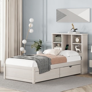 White Platform Twin Bed Frame with 2 Drawers, USB Charg