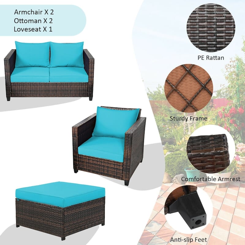 5 Pieces Patio Cushioned Rattan Furniture Set - 50" x 30.5" x 29" (L x W x H)