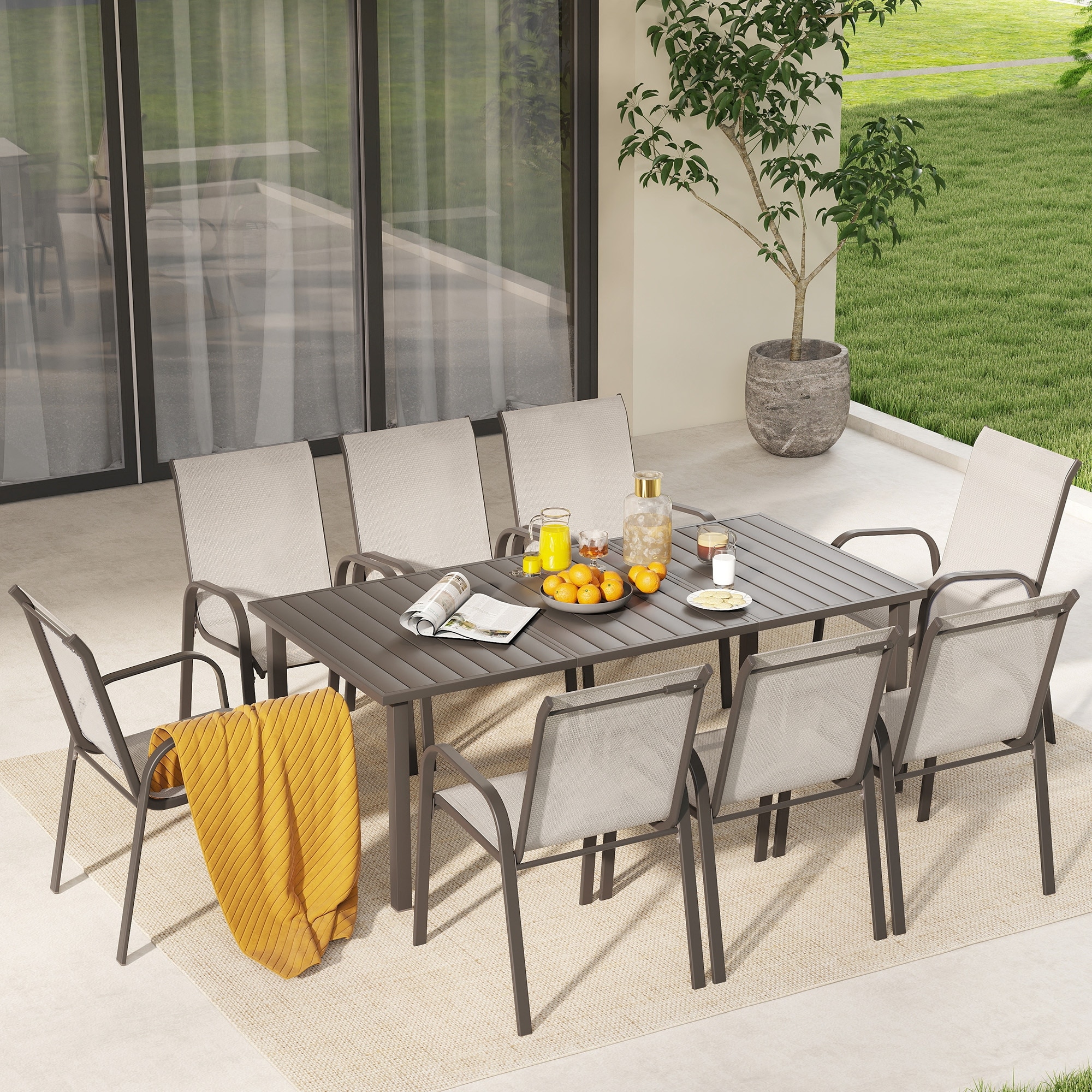 TerraTex 9-Piece Metal Outdoor Dining Set with Greige Textilene Fabric