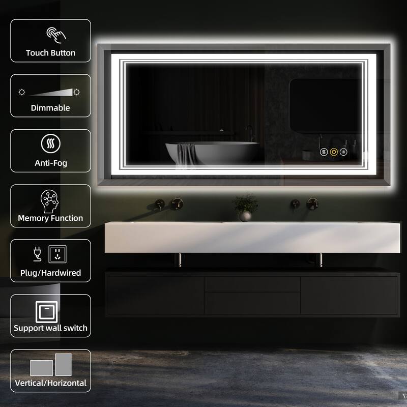 RS Rectangular Wall Mount Vanity Mirror with Lights for Bathroom, 3 Colors Dimmable LED, Anti-Fog, Memory Function