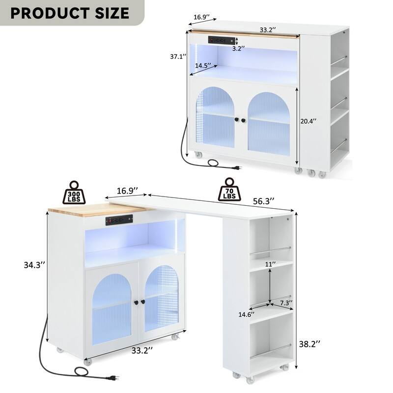 Kitchen Cart with Movable Extended Table,Kitchen Island on Wheels with Power Outlets,2 Fluted Glass Doors,3 Open Shelves