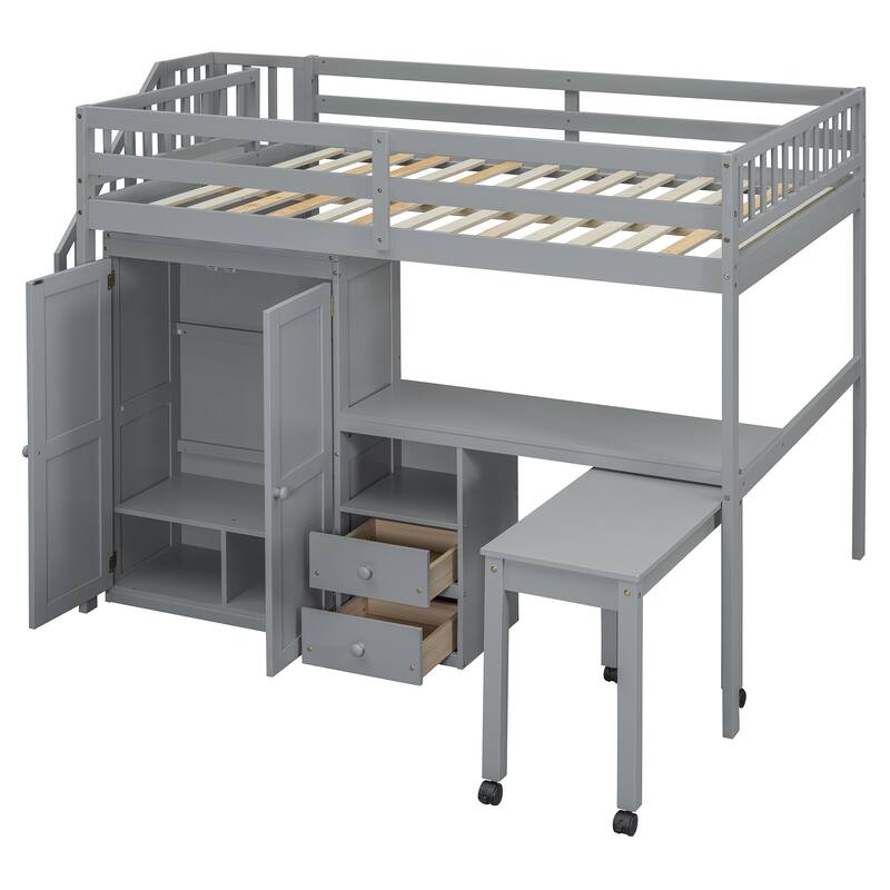 Full Size Loft Bed with Stairs, Bookshelf, Drawers, Desk & Wardrobe - Space-Saving Multifunctional Furniture for Kids & Teens