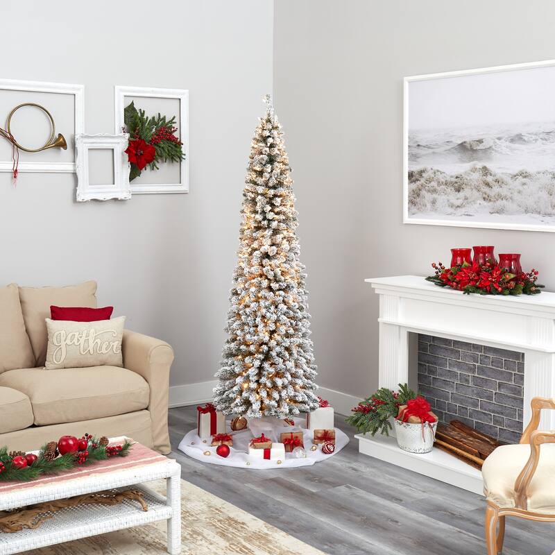 7’ Pre-Lit Pencil Slim Flocked Artificial Christmas Tree, Warm Clear LED Lights - 7 Foot