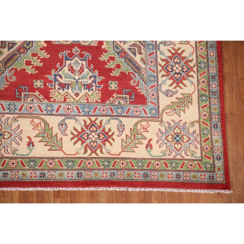 Red Geometric Kazak Area Rug Handmade Wool Carpet - 7'11" x 9'11"