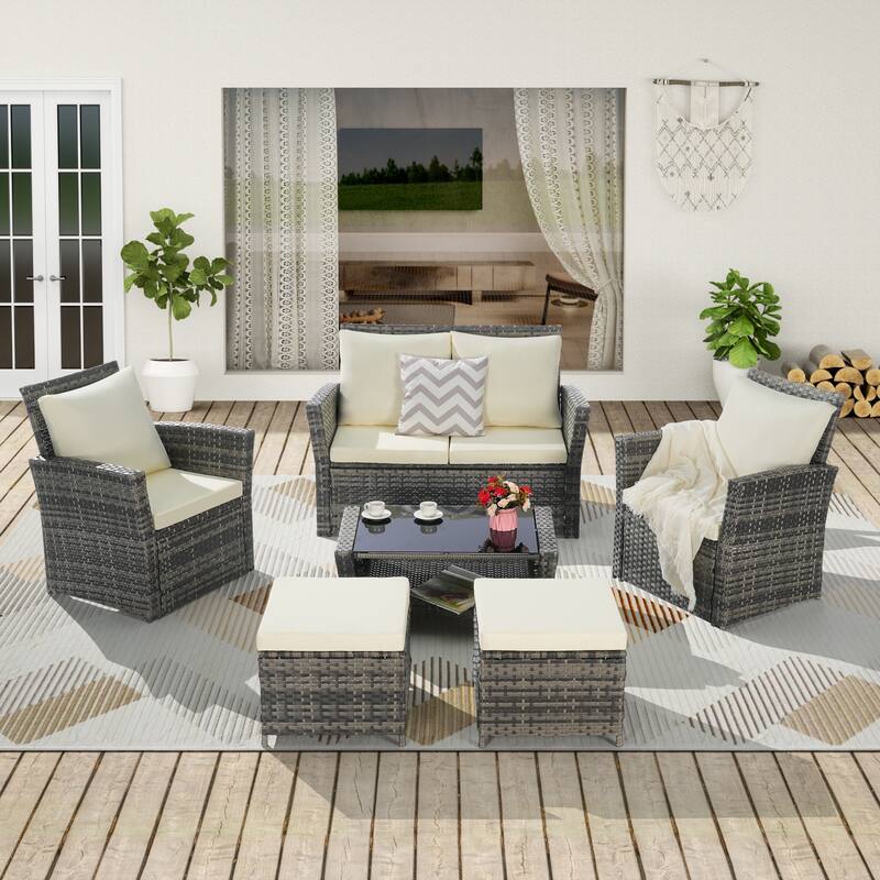 6 Pieces Patio Conversation Furniture Sets, All Weather Wicker Sectional Sofa with Glass Coffee Table and 2 Ottomans