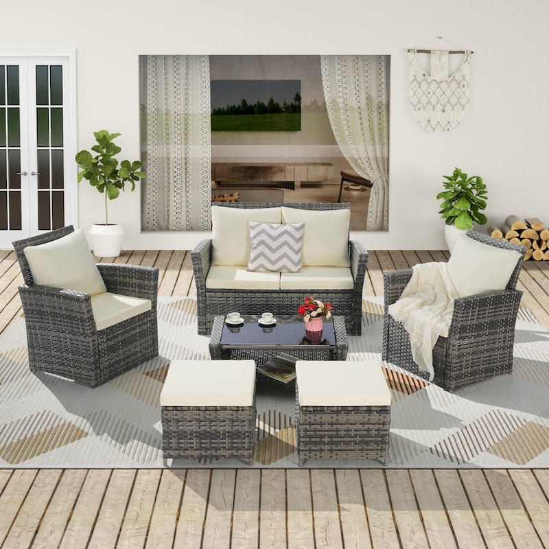 Patio Wicker Furniture Sets with Ottoman & Tempered Glass Coffee Table