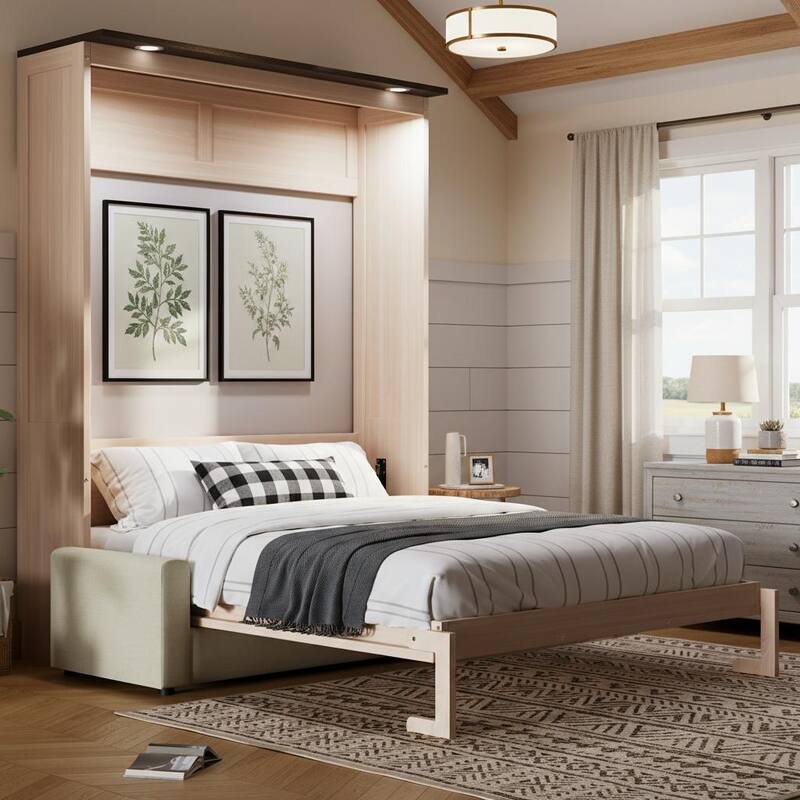 Queen Size Murphy Bed with Upholstered Sofa & LED Light by Harper&Bright Designs - Beige
