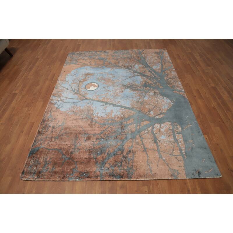 Hand Knotted Oriental Viscose Silk Carpet Modern Pictorial Brown Abstract Area Rug - 7' 10'' X 5' 8''