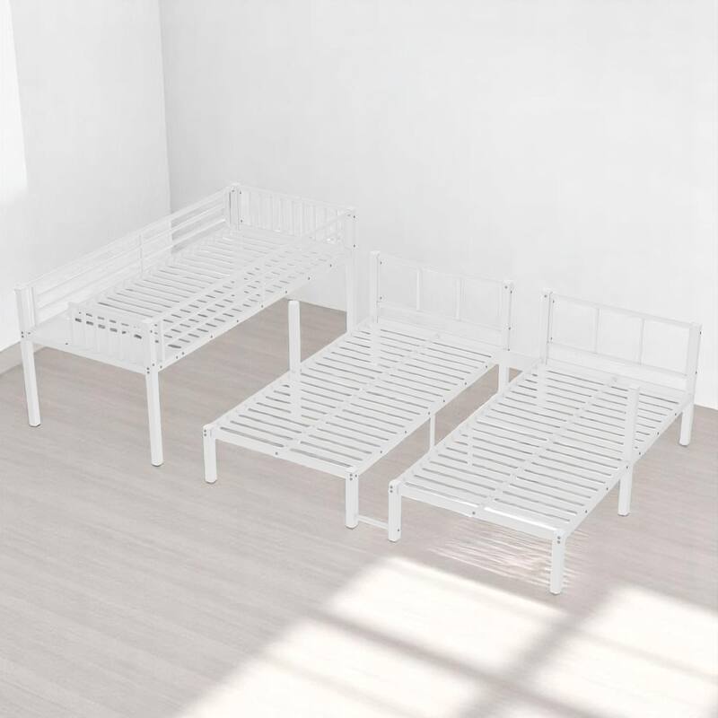 Triple Twin Metal Bunk Bed with Shelf, Middle Table, Guardrails, and Convertible Upper Bed,Detachable L-Shaped Bunk bed