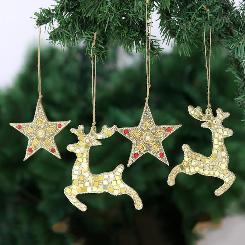 Novica Handmade Dazzling Noel Beaded Wood Ornaments (Set Of 4)