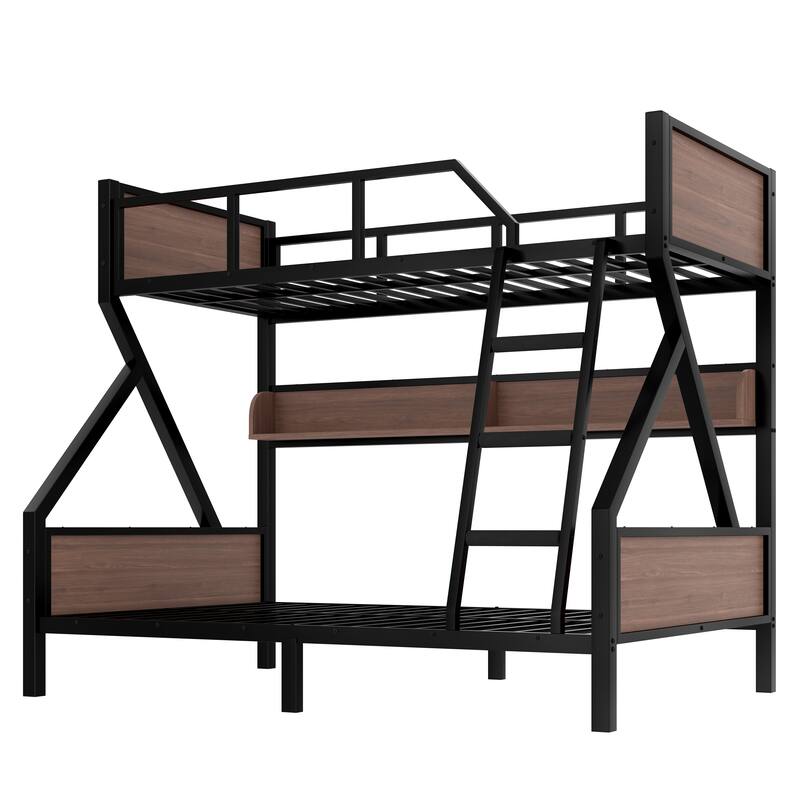 Twin over Full Bunk Bed, Metal Bunk Bed with Storage Shelves and Lights, Space-saving & Noise-free Design, Black