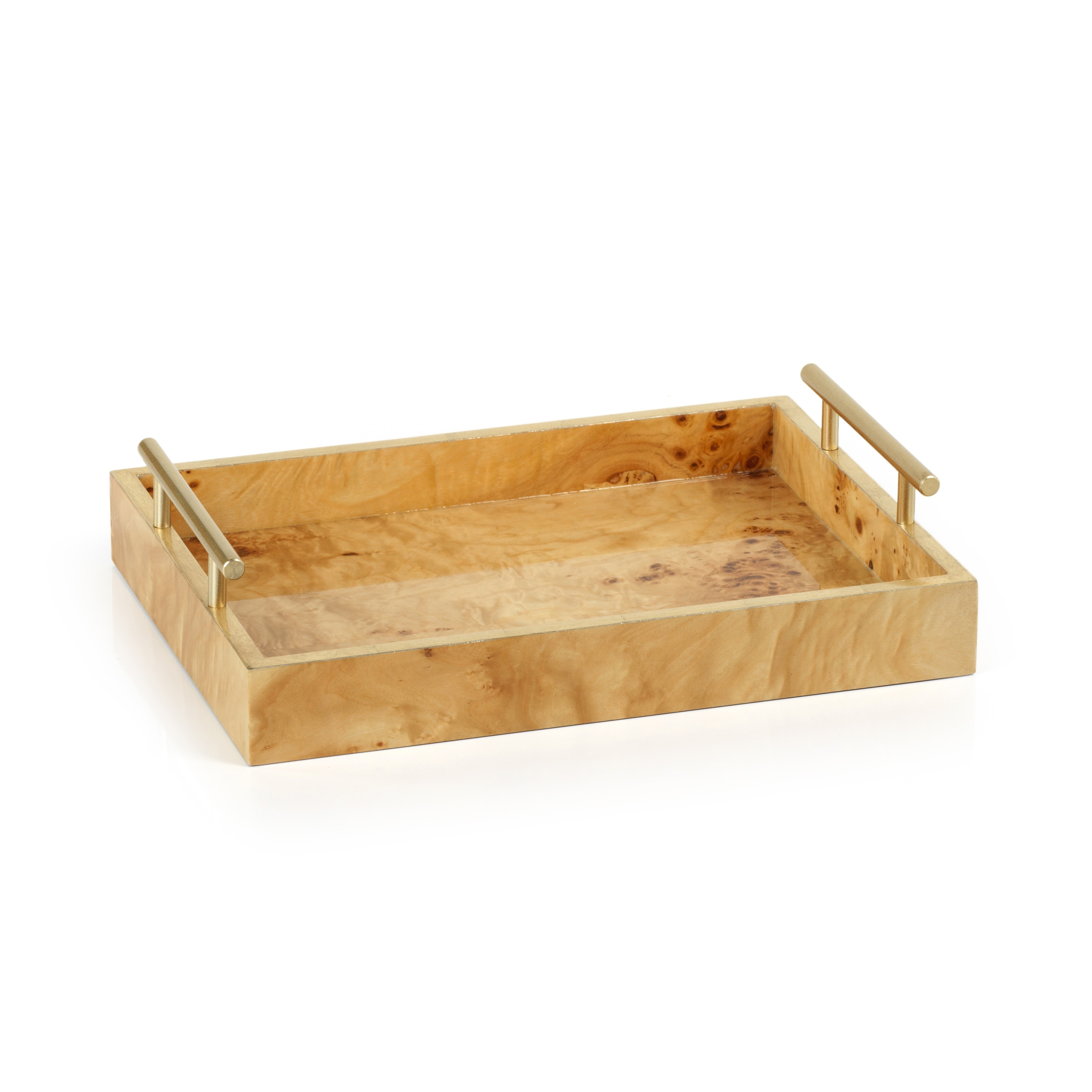 Dubbo Burl Wood Rectangular Tray with Gold Handles