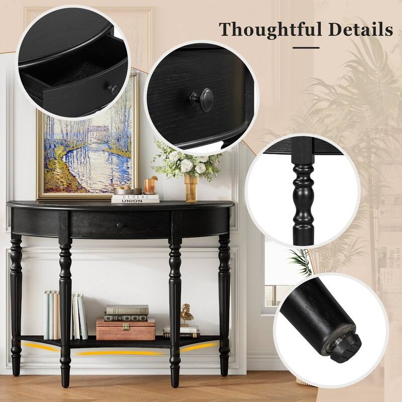 Farmhouse Half Moon Console Table with Drawer and Shelf for Entryway and Living Room Decor