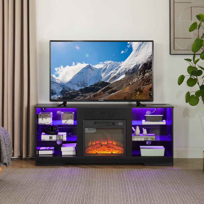 57.87" Electric Fireplace TV Stand with Glass Shelves, LED Lights, and USB Charging Outlet for TVs Up to 50" - Black