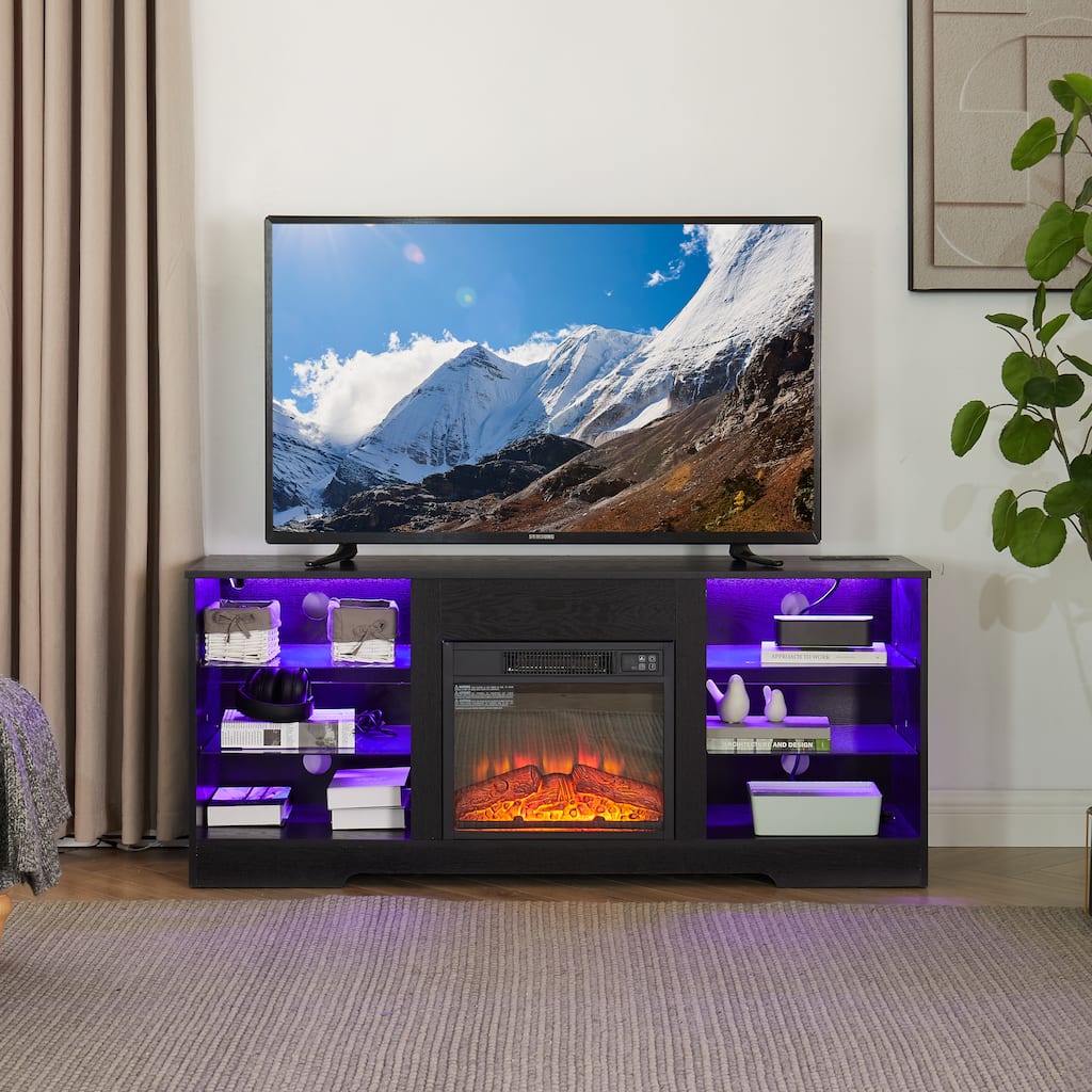Black 57.87" Electric Fireplace TV Stand with Glass Shelves, LED Lights, and USB Charging Outlet for TVs Up to 50"