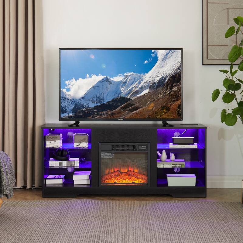GDFStudio Alveron Wood TV Stand with 3D Electric Fireplace and LED Lights