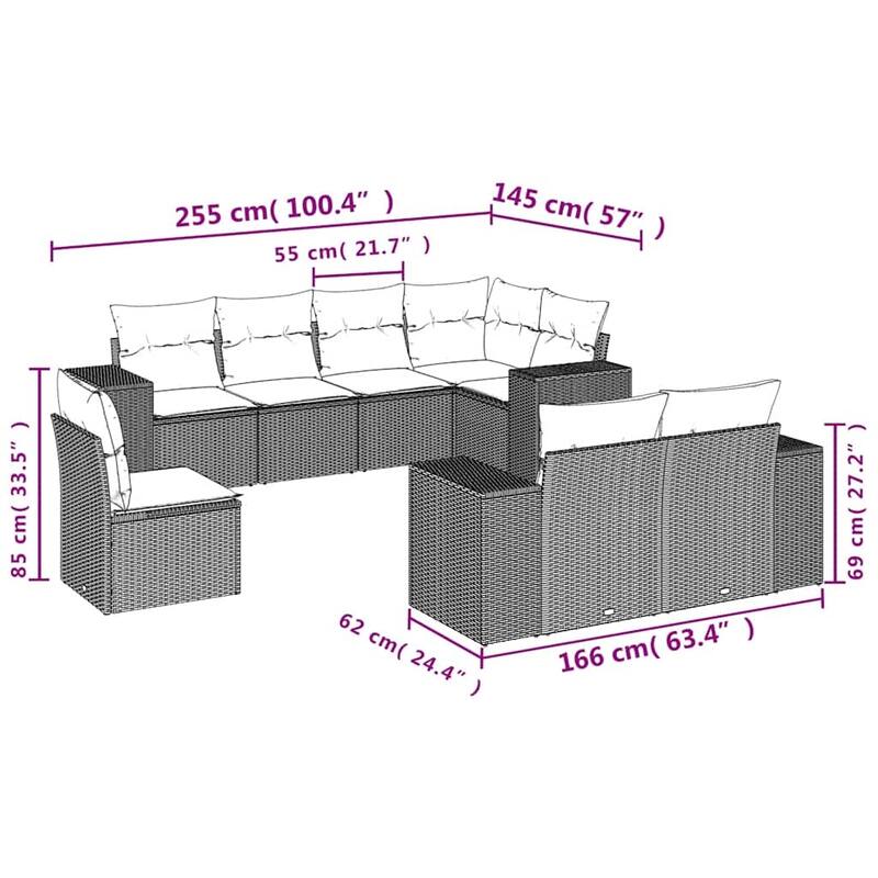 vidaXL 8/9 Piece Patio Sofa Set with Cushions Black/Brown/Gray Poly Rattan - 24.4 x 24.4 x 27.2