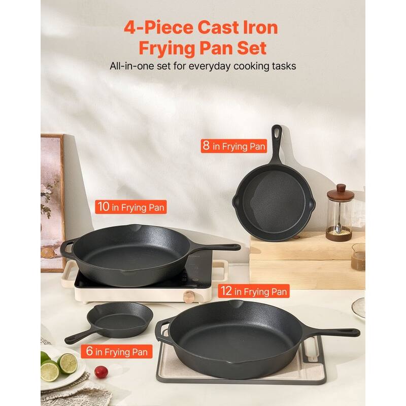 4-Piece Cast Iron Skillet Frying Pan Set with Silicone Handle Covers for Professional Home Cooking