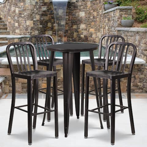 24'' Round Metal Indoor-Outdoor Bar Table Set with 4 Vertical Slat Back Stools - 24"W x 24"D x 41"H