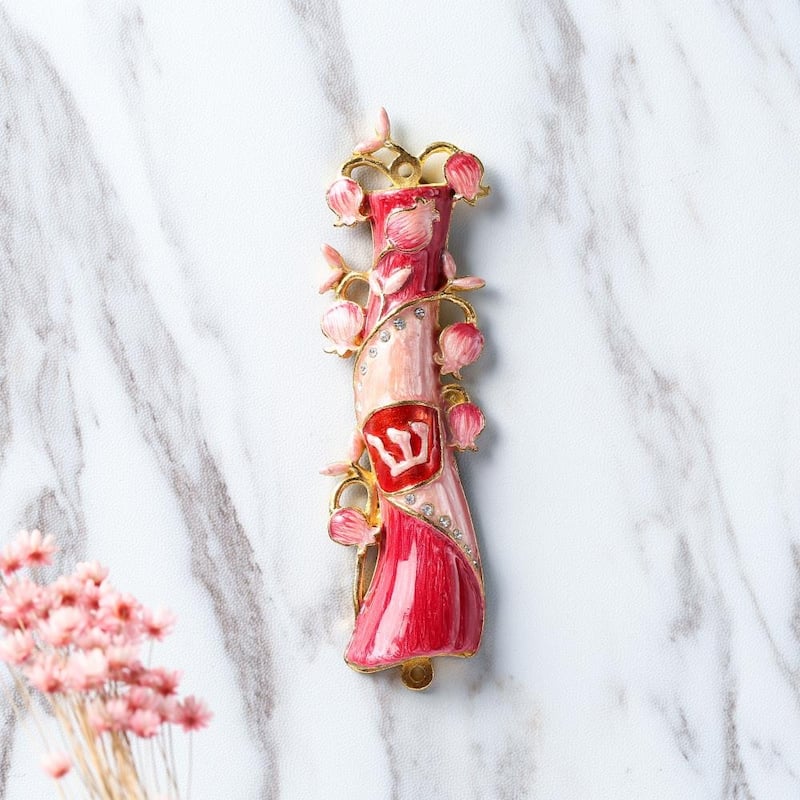 Matashi Hand Painted Red & Pink Enamel Mezuzah Embellished with a Pomegranate Floral Design with Gold Accents Quality Crystals