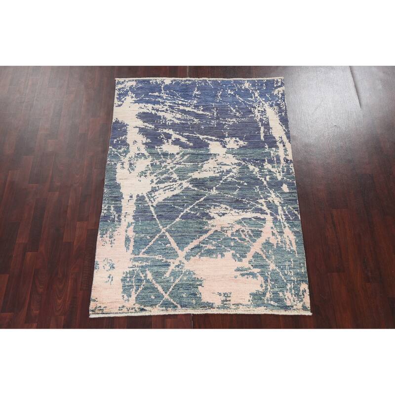 Contemporary Abstract Oriental Wool Area Rug Hand-knotted Foyer Carpet - 4'11" x 6'11"