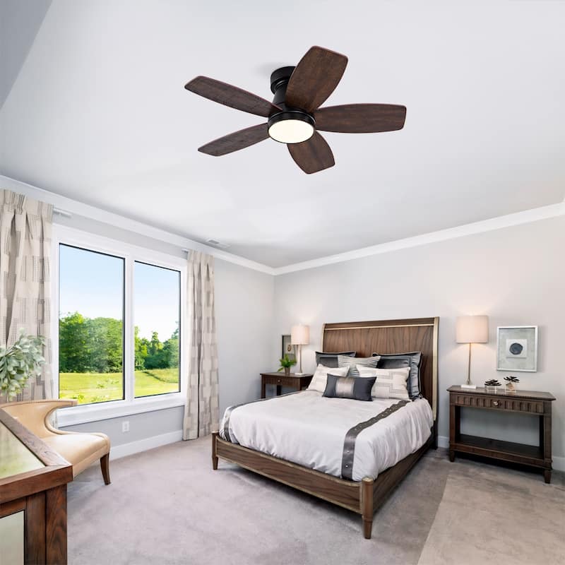 Ceiling Fans with Lights and Remote, 32 Inch Low Profile Ceiling Fan with Light, Flush Mount, Reversible - Black + Dark Walnut